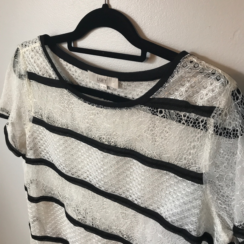 Ann Taylor | Sheer Striped Lace Black White Blouse - Picture 1 of 7